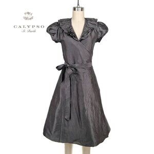 Calypso St Barth Gray Silk Wrap Dress Midi Fit & Flare Ruffle Collar Cap Sleeve